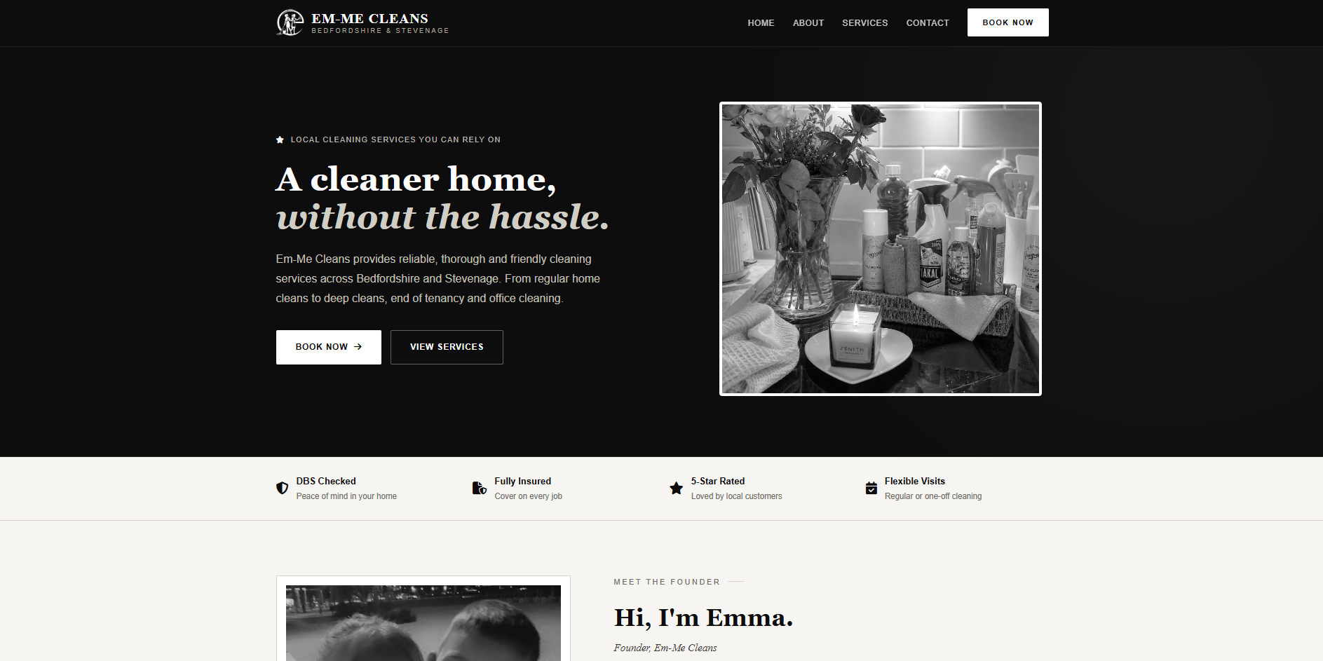 Em-Me Cleans website homepage