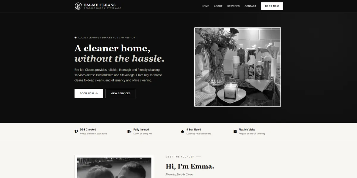 Em-Me Cleans website homepage, built by Greensand Web Services